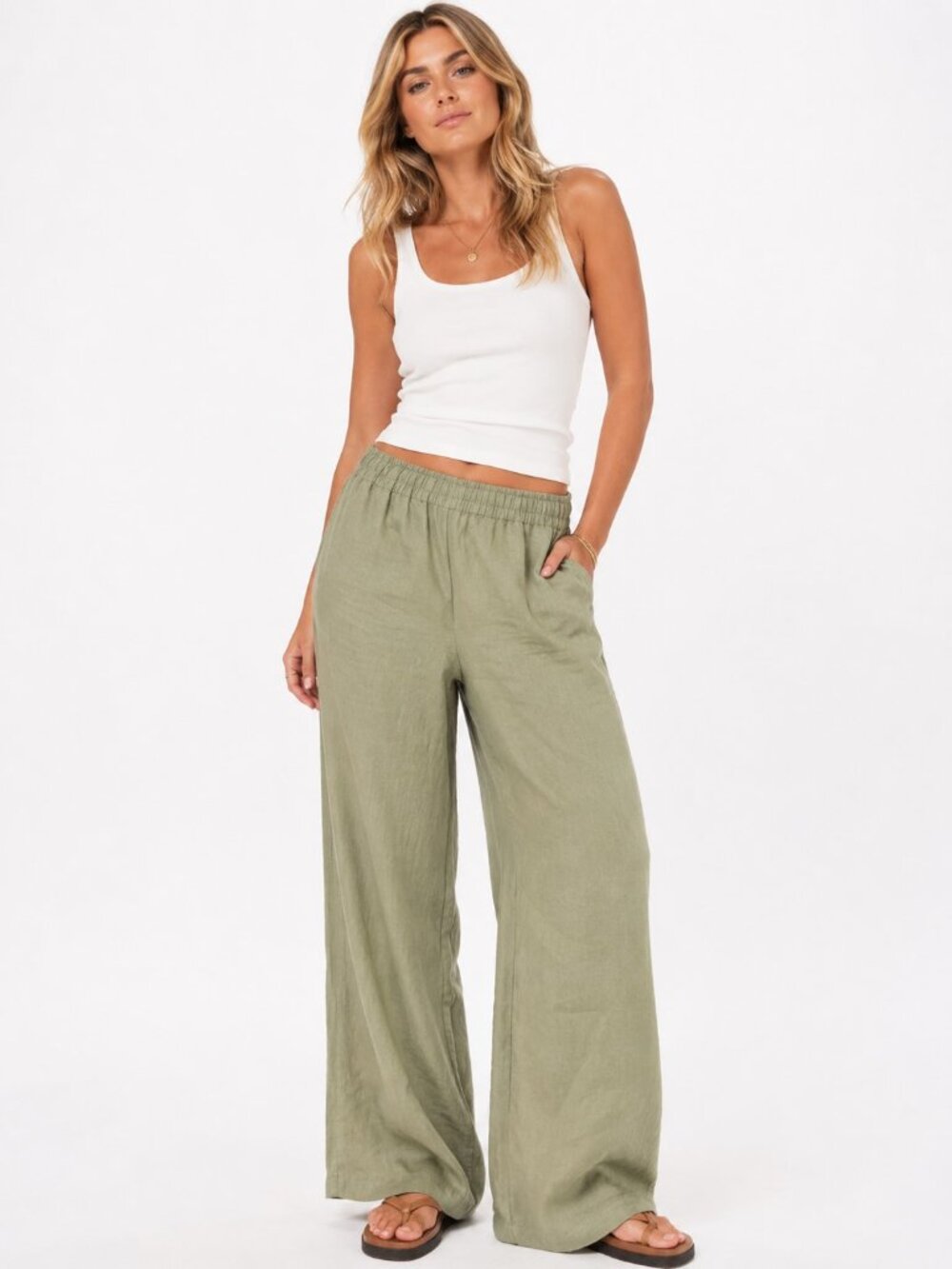 H&M Khaki Green Flat Front High Rise Wide Leg Linen Blend Pants Womens XL NWT